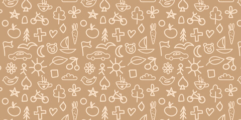 Beige background with cute white drawings by hand