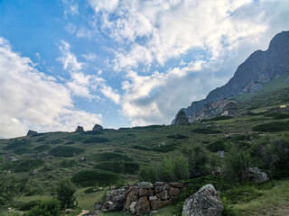 Eltuby is the city of the dead. Ancient Stone Crypts in Kabardino-Balkaria, Russia June 2021.