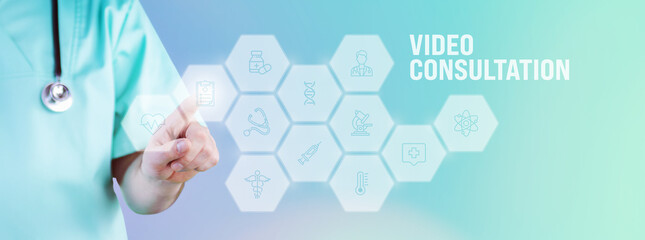 Video consultation. Male doctor pointing finger at digital hologram made of icons. Text with medical term. Concept for digitalization in medicine