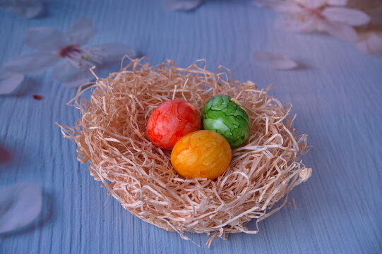 Easter eggs in straw nest against blue background