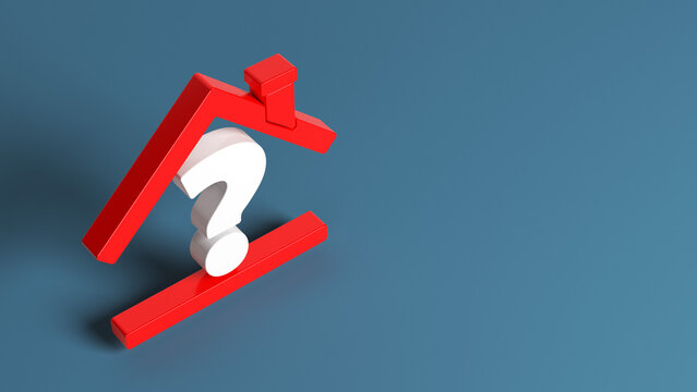Red-colored house icon and white-colored question mark symbol. On a charcoal blue-colored background. Horizontal composition with copy space. Isolated with clipping path.