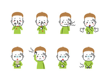 病気の男の子　鼻血、嘔吐など　体調の悪い男の子のイラストセット