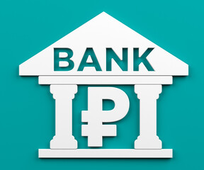 White-colored Ruble symbol and bank icon. On grayish turquoise-colored background. Square composition with copy space. Isolated with clipping path.