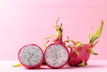 Fresh dragon fruit or pitaya on pink background, Tropical fruit