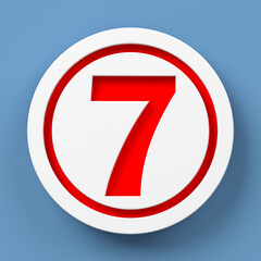White-colored circle icon and red-colored number seven. On blue-colored background. Square composition with copy space. Isolated with clipping path.