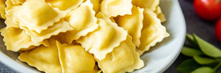 ravioli seafood fish, squid, shellfish, shrimp fresh healthy meal food snack diet on the table copy space food background rustic top view