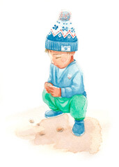 石を見つめる子供の水彩イラスト