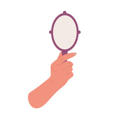 Hand holding oval shaped mirror.Flat cartoon illustration