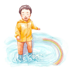 水たまりで遊ぶ子供の水彩イラスト