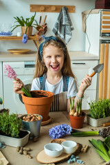 girl transplants flowers and houseplants. a child in a bandana plants bulbs, hyacinths, microgreens