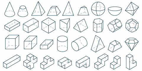 3D Geometric shapes. Set of basic figures: cube, pyramid, sphere, cylinder and other isometric objects. Collection of vector three-dimensional design for education and abstract geometric graphic. - obrazy, fototapety, plakaty