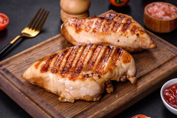Delicious fresh grilled chicken fillet with spices and herbs on a dark concrete background
