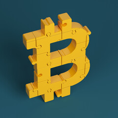 Orange-colored Bitcoin symbol. On a charcoal blue-colored background. Square composition with copy space. Isolated with clipping path.