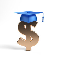 Golden Dollar symbol and college mortar.On white-colored background. Square composition with copy space. Isolated with clipping path.