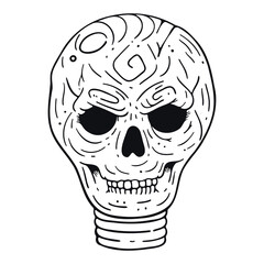 Line art in hippie style. Psychedelic contour drawings. Templates for coloring books, tattoos, stickers, prints. Trendy black and white vector illustration with a skull in the form of a lamp.