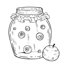 Line art in hippie style. Psychedelic contour drawings. Templates for coloring books, tattoos, stickers, prints. Trendy black and white vector illustrations with jar, eyes, apple.