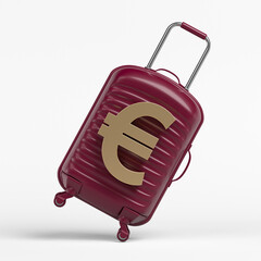 Golden euro symbol and burgundy-colored travel luggage.On white-colored background. Square composition with copy space. Isolated with clipping path.