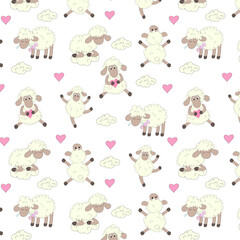 Cute sheep, Seamless pattern, doodle style, printing on fabric, packaging, textile, vector