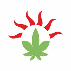 Green cannabis leaves and red sunshine illustration