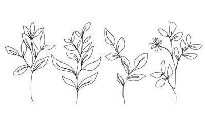 Leaves Line Art Vector Illustrations Set for Prins, Social Media, Icons. Floral Trendy Templates Minimalist Style. Set of Abstract Flowers in Line Style. Hand Drawn Doodle Template Collection
