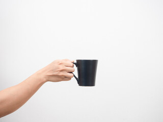 Man hand holding coffee cup white isolated