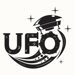 stylized inscription UFO with a flying saucer through the letter drawn as a planet black and white image on an isolated background