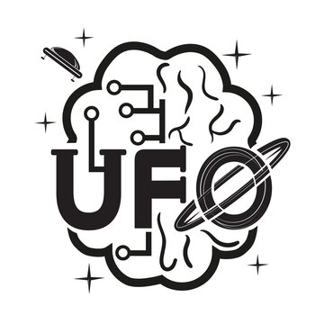 stylized inscription UFO extraterrestrial intelligence two halves of the brain in the form of a microcircuit and a biological black and white image on an isolated background
