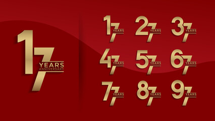 Set of Anniversary logotype gold color with red background for celebration