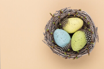 Easter eggs in the nest. Spring greeting card.