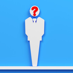 White-colored businessman icon, And a question mark.On blue-colored background. Square composition with copy space. Isolated with clipping path.