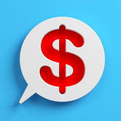 Red-colored dollar symbol and white-colored speech bubble. On light blue-colored background. Square composition with copy space. Isolated with clipping path.