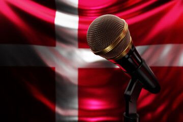 Microphone on the background of the National Flag of Denmark, realistic 3d illustration. music award, karaoke, radio and recording studio sound equipment
