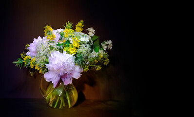 Still life, wildflowers with objects and fruits.