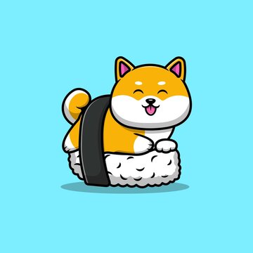 Cute Shiba Inu Dog Sushi Cartoon Vector Icon Illustration. Animal Food Icon Concept Isolated Premium Vector.
