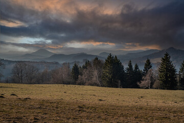 sunset of the Czech Central Mountain (Czech Republic) Europe.