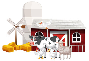 Many farm animals by the barn