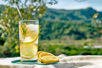 Summer refreshing lemonade drink or alcoholic cocktail with ice, rosemary and lemon slices on the table in the garden. Fresh healthy cold lemon beverage. Water with lemon. - obrazy, fototapety, plakaty