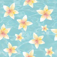 Seamless yellow Frangipani flowers on blue background from water texture.Watercolor illustration.