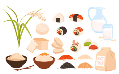 Rice food products, ingredients and plants set vector illustration. Cartoon grain piles and flour package, boiled noodles in bowl, sushi rolls and chips, vegan milk in glass bottle isolated on white