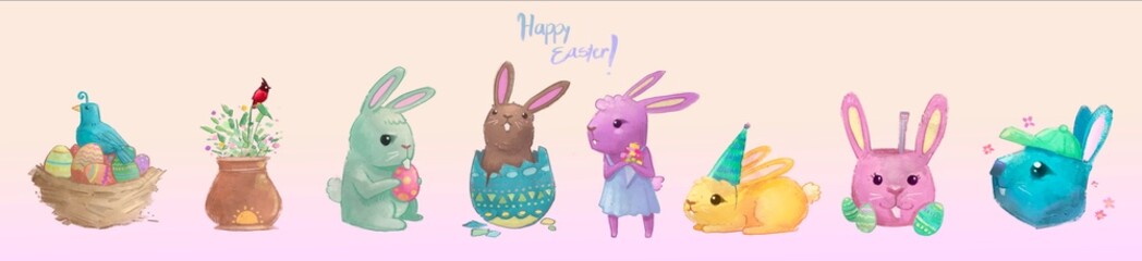 Cute easter bunnies and easter eggs illustrations, collection happy easter