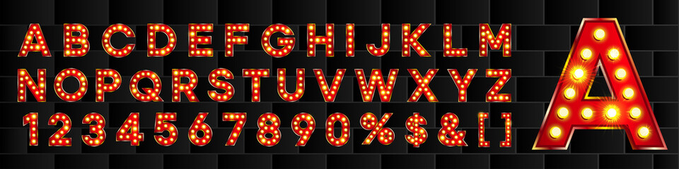 Fototapeta Shiny marquee alphabet. 3d glowing light on complete retro abc. Neon red letters and symbols for promotion campaign. Circus bulbs on typographic elements obraz