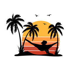 girl in hammock on the beach vector silhouette. tropics vector silhouette. orange, retro sun vector. girl and sunrise vector.