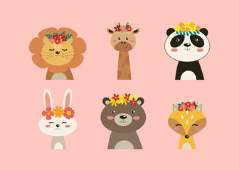 set of illustrations of cute animals with flower wreaths on their heads on a pink background. vector flat illustration, concept of flowering, spring, summer