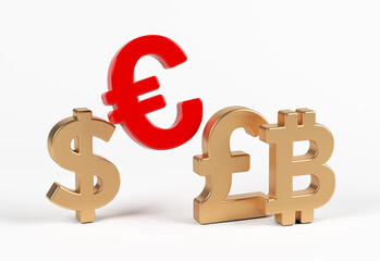 Red-colored Euro, and gold-colored Bitcoin, Pound, Dollar symbols. On white-colored background. Horizontal composition with copy space. Isolated with clipping path.