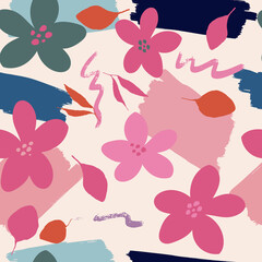 Floral seamless pattern, hand drawn flowers nad leaves, botanic abstract illustration, vector background, floral design