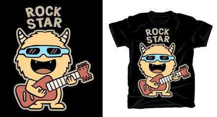 Hand drawn funny monster playing electric guitar illustration t shirt design