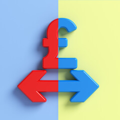 Red and blue- colored Pound and arrow symbols. On blue and light yellow-colored background. Square composition with copy space. Isolated with clipping path.