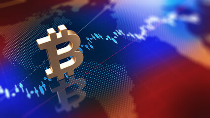 Golden Bitcoin symbol and finance graph screen. Horizontal composition with copy space. Focused image.