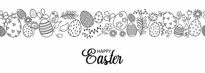 Cute Easter horizontal seamless pattern with leafs, flowers, easter eggs and  lettering. Beautiful background great for Easter cards, banner, textiles, wallpapers. Vector illustration in doodle style