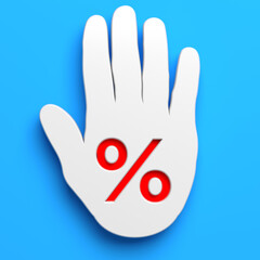 Fototapeta na wymiar Red-colored percentage symbol and a white-colored hand-stop sign. On blue-colored background. Square composition with copy space. Isolated with clipping path.